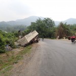 Just the usual, truck run off the road. A common sight in Lao